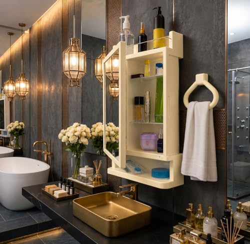 Image of CIPLA PLAST Rich Look Plastic Wall-Mounted Bathroom Mirror Cabinet with Storage Shelves, Single Door, Bathroom Mirror Cabinet with Towel Holder | (Ivory)
