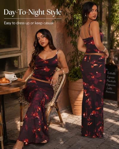 Image of Two Piece Skirt Set for Women - Sexy Sleeveless Spaghetti Strap Pleated Tank Top Maxi Long Skirts Sets