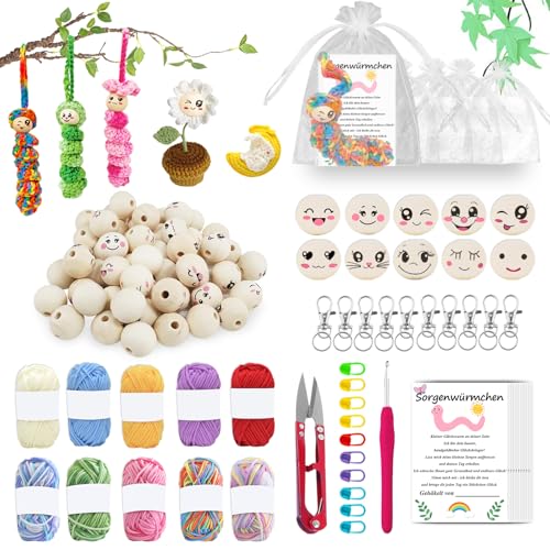 102 Stück Sorgenwürmchen Häkeln Set 50 Holzkugeln mit Gesicht Glückswürmchen Ausgestattet mit Garn Schlüsselanhänger Stricknadel Karte Mullbeutel Sorgenwürmchen Häkeln set für Anfänger