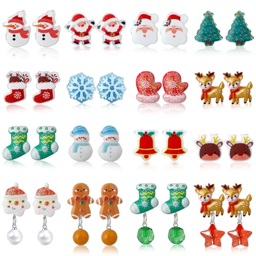 DEVIENG Christmas Clip on Earrings Gift for Kids Teen Girls Hypoallergenic Little Girl Cute Christmas Tree Santa Snowman Stockings Elk Small Clip in Earrings Jewelry Gifts (Clip On Earring-16 Pairs)