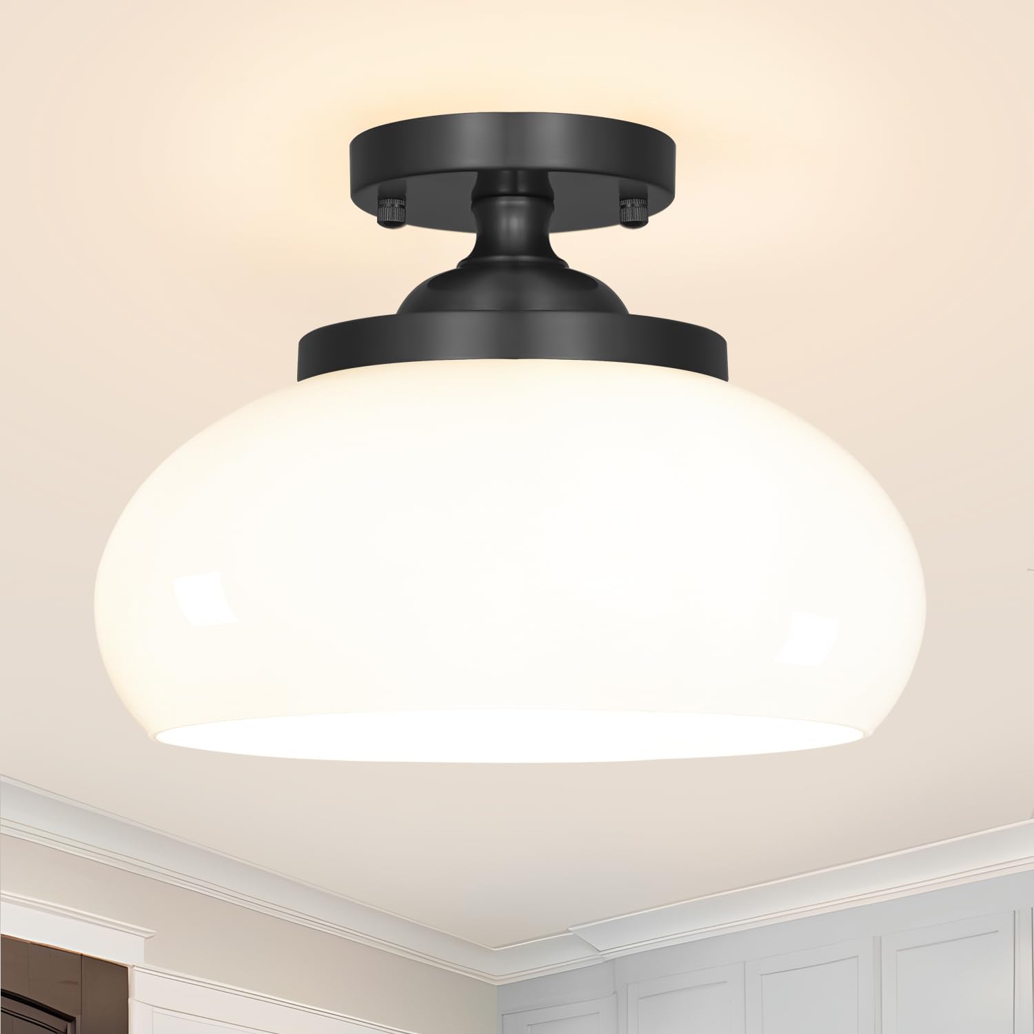 Photo 1 of Ditoon Black Semi Flush Mount Ceiling Light - Entryway Light Fixture with Triple E12 Sockets - 12" Diameter Milk White Glass Shade for Soft, Uniform Lighting - Easy Mount Installation for Any Room