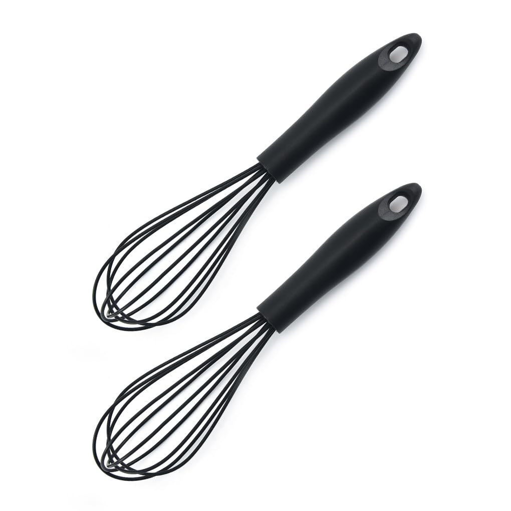 Ousyaah Silicone Whisk (2 Pack), Commercial Non-Scratch Balloon Wire Whisk for Cooking, Manual Egg Beater Milk Frother Coffee Whisks, for Blending, Whisking, Beating and Stirring (Black)