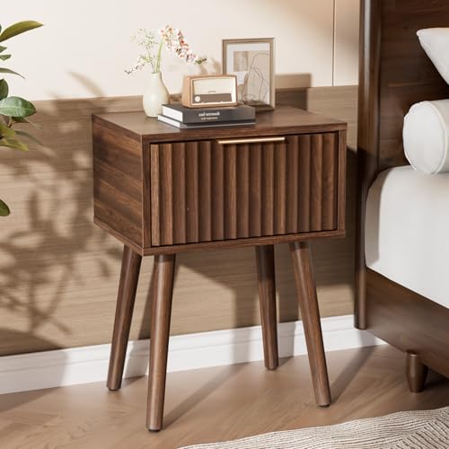 Image of VINGLI Night Stand, Fluted Nightstand Wood, Mid Century Modern Nightstand for Bedroom, Bedside Table, Wood Side Table, Small Night Stand Walnut, 15.75 inch W*11.81 inch D*21.85 inch H