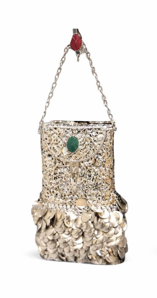 Handcrafted Potli Bag with Mirror Work and Embroidery, Beaded Handle, Gold, Traditional Festive Clutch for Weddings-image-9