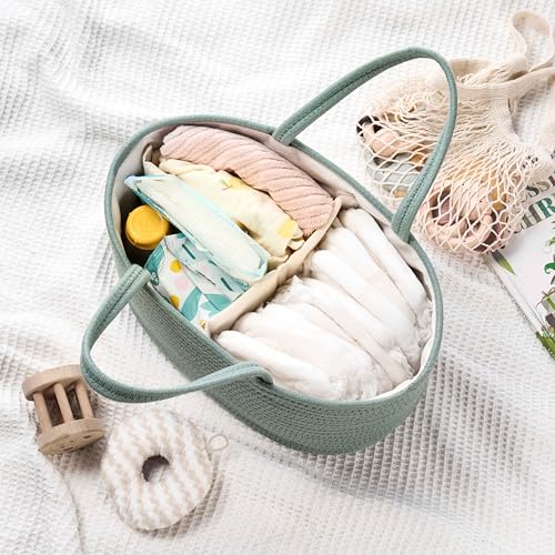 Image of Diaper Caddy Organizer, Empty Gift Basket for Newborn Essentials, Baby Storage Basket, Stylish Gift Bag for Baby Shower, Boys and Girls - Small, Sage Green