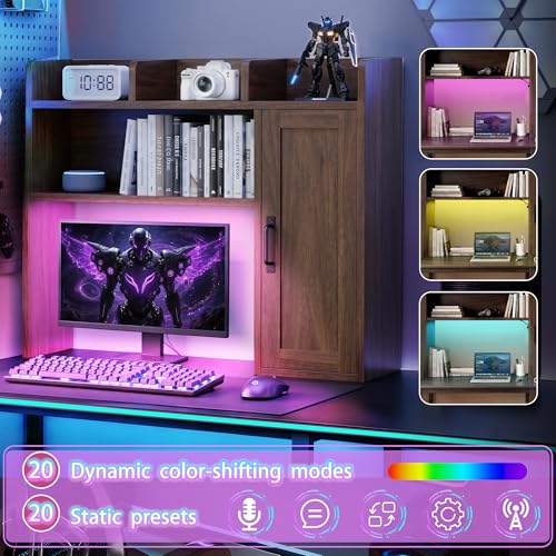 Image of Desktop Bookshelf, Desk Hutch with RGB LED Lights & Power Outlets 37 inch Desk Hutch Organizer with Storage Cabinet Desktop Storage Shelf for 27 inch Monitor, Tabletop Bookcase for Dorm Office Home