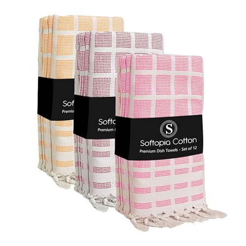 Image of Matrix Dobby Kitchen Towels Set of 12, 100% Cotton, Combo Pack, 16 inchx26 inch, Absorbent Tea Towels with Handmade Tassels, Reusable Cleaning Cloths - Rose Pink, Burgundy, Mustard Yellow