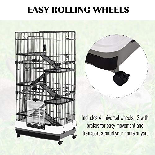 Pawhut 32" L 6-Level Small Animal Cage Bunny Hutch With Universal Lockable Wheels, Slide-Out Tray For Chinchillas, Ferret, Black #TOP5