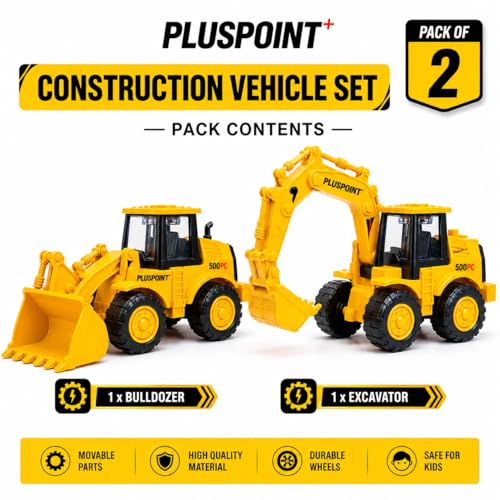 Image of PLUSPOINT Construction Excavator & Bulldozer Toy Vehicles Set for Kids | Friction Powered Push & Go Construction Trucks | Pretend Play Building Vehicle Toys for Boys & Girls Age 3+