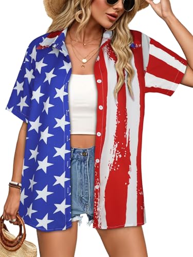 Image of Women Hawaiian Shirt Button Down Summer Tops Beach Short Sleeve Blouse