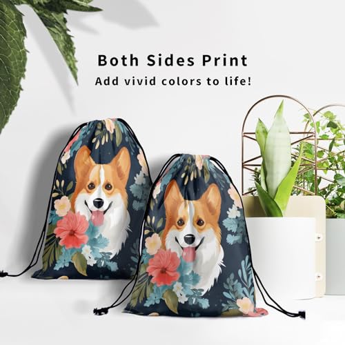 Image of Nerxy Floral Corgi Gymnastics Grip Bag - Corgi Dog Drawstring Grip Bags Puppy Shoe Bag Flowers Gym Drawstring Storage Pouch for Sports Party Favors