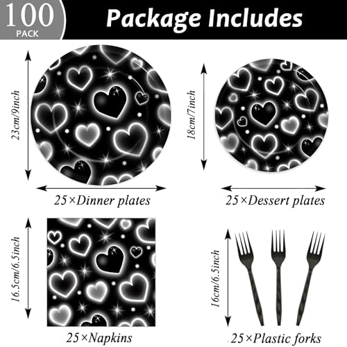 Image of Qyeahkj 100 Pcs 2000s Party Plates Napkins Forks Set Black Heart Tableware Supplies Y2k Theme Birthday Party Decoration Early 2000s Dinnerware Decorations Favors for Birthday Party Serve 25