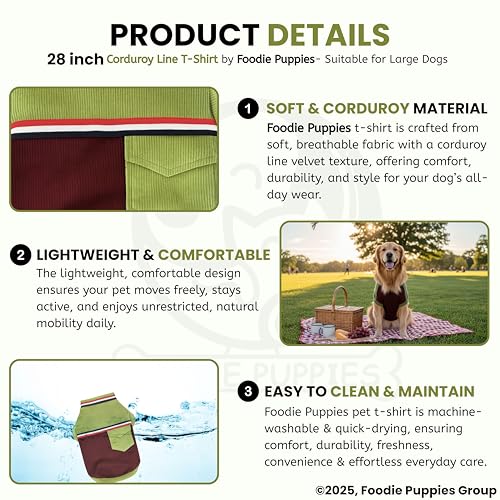 Image of Foodie Puppies Corduroy Line Velvet Pocket T-Shirt Warm Sweater Jacket - (28 inch, Olive & Maroon) for Large Dogs | Soft, Lightweight Pet Apparel | Stylish, Comfortable, Durable, Stretchable