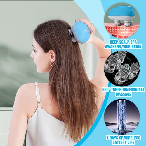 Mineup Kopfmassagegerät Elektrisch, IPX7 Wasserdicht Katzen Massagegerät, Elektrisches Kopfmassagegerät, 3 Stufen und 4 Massageköpfen, Kopfhaut Massagebürste für Körperentspannung