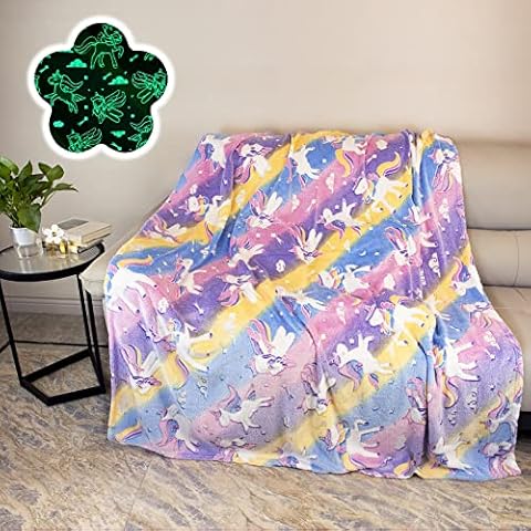 PQCXXA Cuddly Blanket Children's Girls, Unicorn Blanket, Cuddly Blanket, Children's Girls, Fluffy Glow in The Dark, Pink Soft Flannel Blankets for Girls Gifts (Rainbow Unicorn-A, 150 x 200 cm) Cover