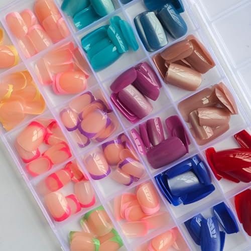 Image of 288 Pcs Short Square Press on Nails Glitter Fake Nails French Tip Nail Press ons 12 Color with Design Glossy Full Cover Easy Apply Manicure Kit for Women