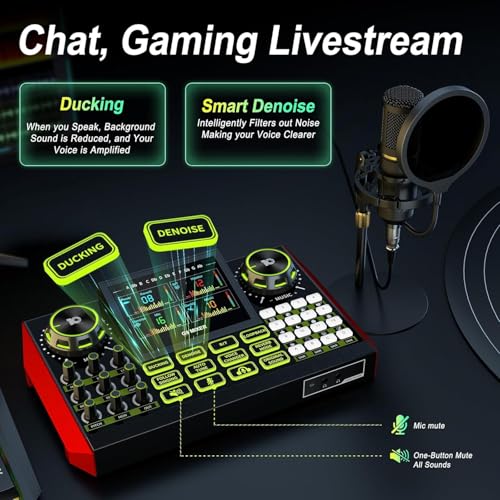 Image of Audio Mixer, Sound Board for Pc /Phone Live Streaming Singing Gaming, Podcast Mixer for 3.5 /6.35mm Dynamic Microphone, Live Sound Card with DJ Mixer Effects Voice Changer, Denoise, One Click Mute