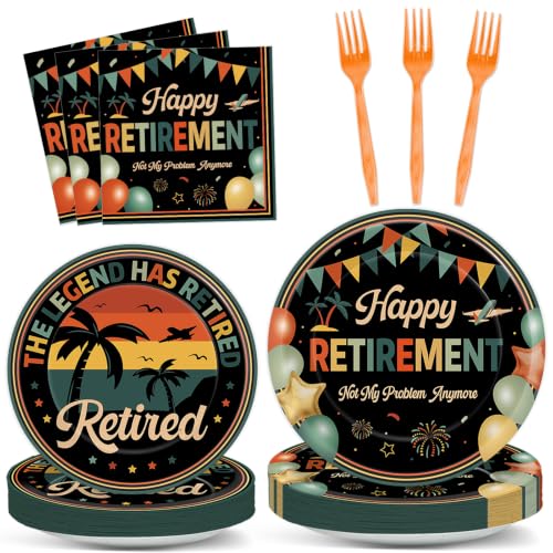Image of Qyeahkj 100 Pcs Retirement Party Plates and Napkins Set Happy Retired Birthday Party Decorations Supplies Paper Dessert Tableware Vintage Farewell Themed Favors for Birthday Decorations Serves 25