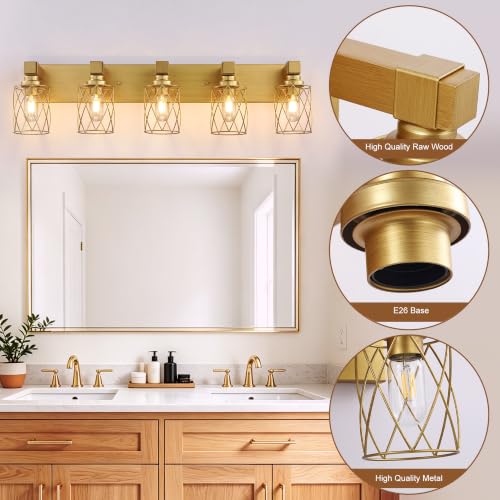 Image of Bathroom Light Fixtures, 5 Light Brushed Gold Wood Vanity Lights