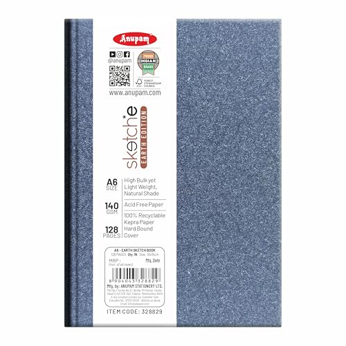 Image of Anupam Earth Sketche Drawing Book A6 | 100% Recycled Hardbound Cove Book | 140 GSM | Acid Free 65 Sheets / 128 Pages | Drawing Sketchbook for Artists and Students | for Dry Techniques