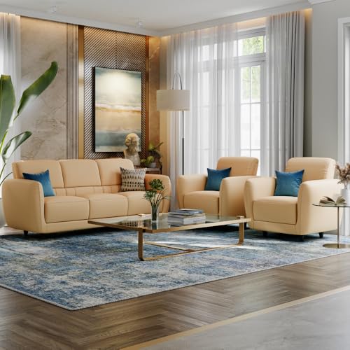 Image of Wakefit Sofa Set | 5 Year Warranty | Sofa 5 Seater, 5 Seater Sofa for Living Room, Wooden Sofa Set, Sofa Set 3+1+1 Seater - Solomon(Robin : Ivory)