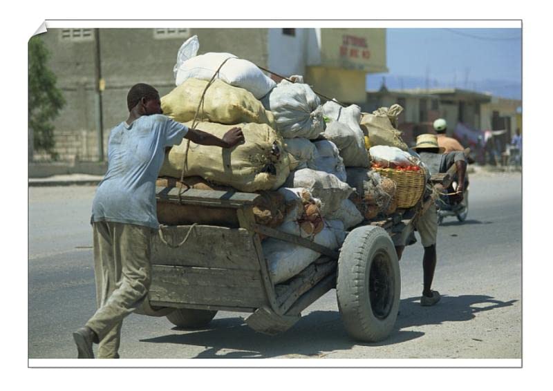 robertharding A1 Poster of Men Pushing and Pulling Heavily Loaded cart Along Road (1208572)