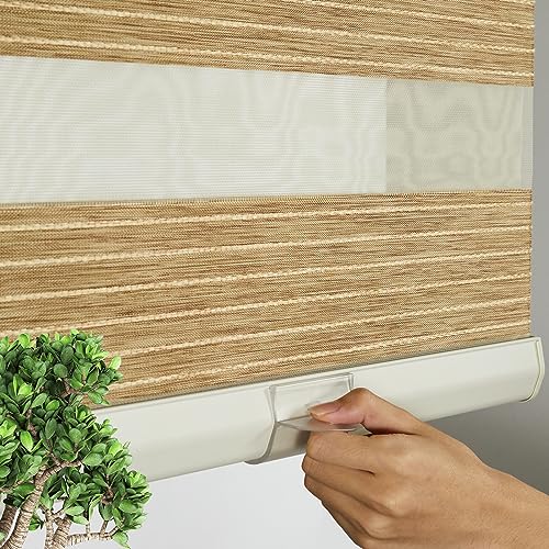 Persilux Natural Woven Faux Linen Cordless Zebra Blinds for Windows Roller Shades Room Darkening Thermal Insulated Free-Stop Blinds for Doors, Home and Living Room, Khaki(28.5