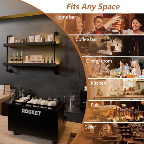 Image of Bar Shelves, Wall Mounted Wine Rack, Black, 36 Inch | 2 Tier, Industrial, Solid pine shelves, black pipe brackets, 40 lbs per shelf, wine, liquor, bar decor, with LED light