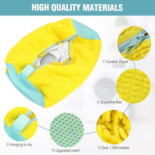 2 Pcs Shoe Washing Machine Bags, XXL Shoe Laundry Bags for Washer and Dryer, Sturdy Zipper with Hook Design, 2 Sneaker Dry Bags Included, Reusable Washing Bag for Sneaker, Tennis, Yellow 2 Packs3