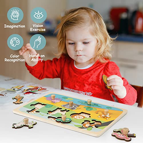 Funsland Toddler Wooden Puzzles, Peg Puzzles Gifts Toys, Eco Friendly