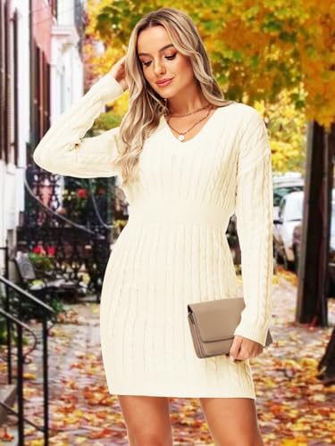 Image of Deerose Women V Neck Sweater Dress Cable Knit Long Sleeve Pullover Sweaters