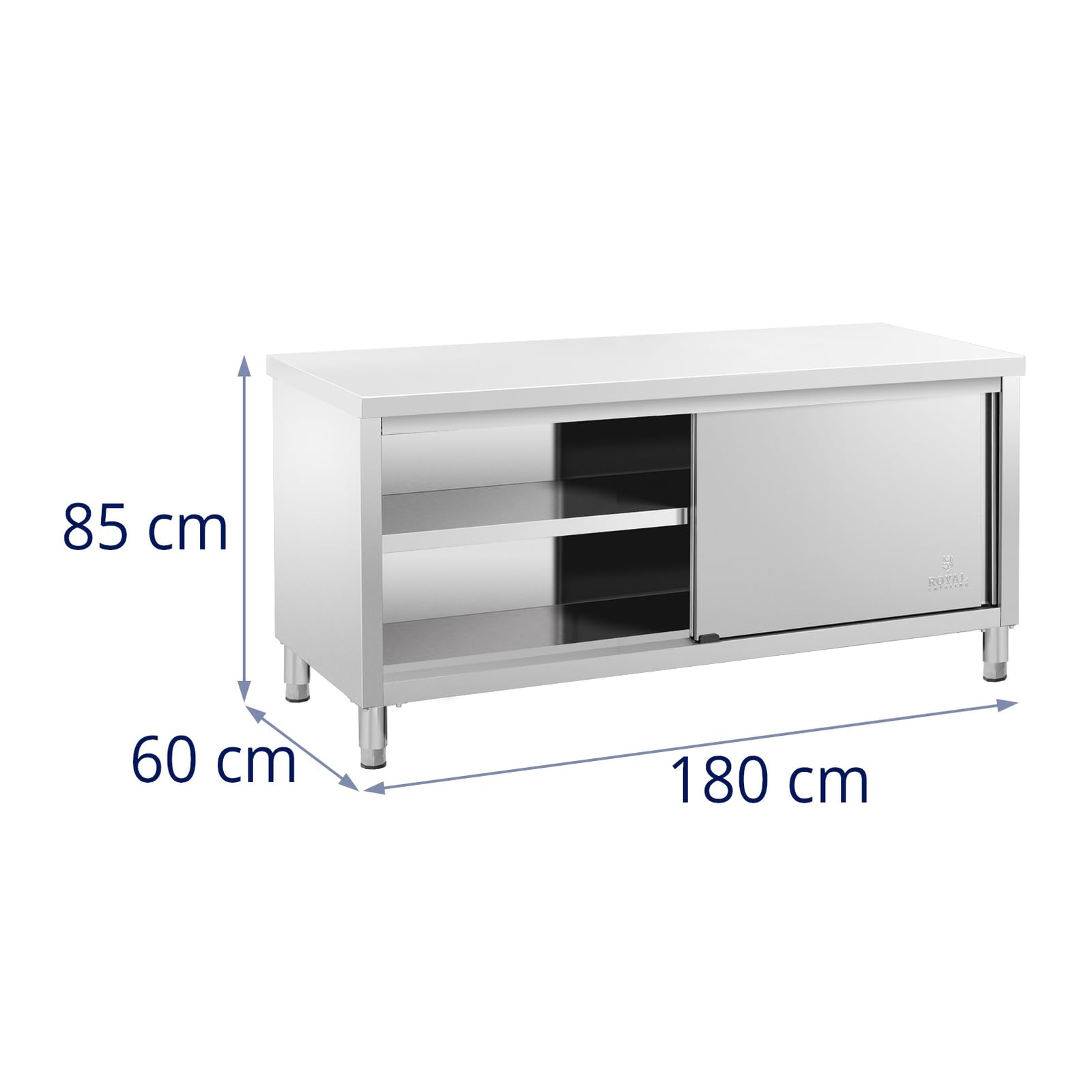 Royal Catering RCSSCB-180X60-E Meuble Bas en INOX Plan De Travail Cuisine Armoire avec Portes Coulissantes (Capacité de 600 kg, Acier Inoxydable, 1 Tablette)