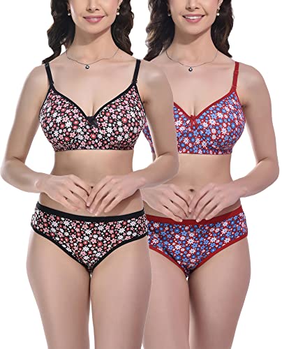 Image of FIMS - Fashion is my style Women Cotton Blend Floral Print Padded Non-Wired Bra Panty Set Full Coverage Lingerie Set Multicolor See Main Image to Check How Many Sets You Will Get