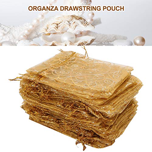 YUYTE Woreczek, Prezent z Organzy 100 szt. Złoty Woreczek ze Sznurkiem z Organzy 9 X 12 Cm Wielofunkcyjny Worek do Przechowywania Biżuterii na Prezenty na Wesela, Przyjęcia, Rękodzieło i Nie Tylko