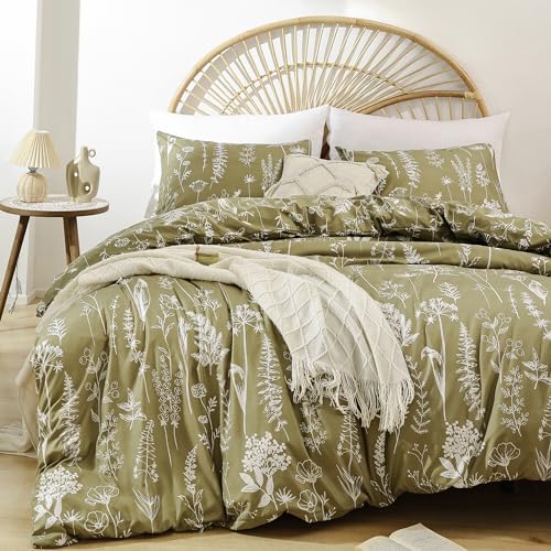 JANZAA Twin Duvet Cover Olive Green Duvet Cover 2 Pieces Floral Duvet Cover White Botanical Printed on Soft Bed Cover with Zipper Closure 4 Ties (1 Pillow Case)