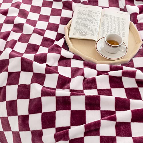 LOMAO Throw Blankets Flannel Blanket with Checkerboard Grid Pattern Soft Throw Blanket for Couch, Bed, Sofa Luxurious Warm and Cozy for All Seasons (Burgundy, 50"x60")