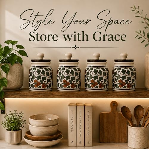 Image of Ceramic Kitchen Jars for Storage | Air Tight Containers with Wooden Lids | Masala, Salt, Pickle, Dry Fruits & Multi Utility Items Organiser Set (Hand-Painted, Green Leaf, 450 ML, Pack of 4)