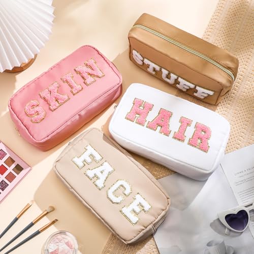 Remerry 4 PCS Nylon Cosmetic Bags Waterproof Spacious Travel Makeup Organizer for Women Chenille Letter Preppy Zipper Pouch Face Stuff Skin Hair Organizer Gift(Light Brown, Beige, Light Pink, White)3