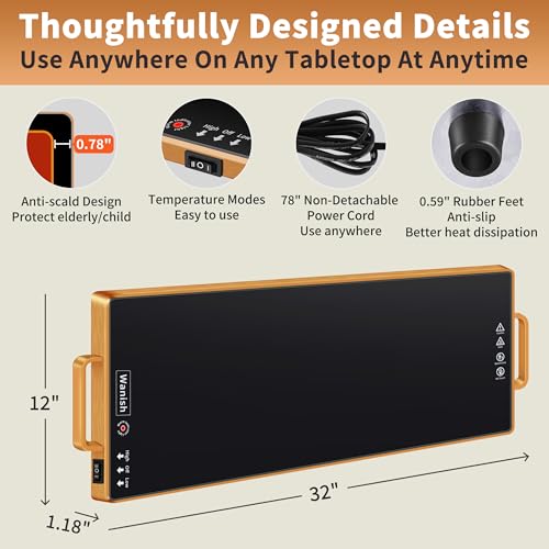 Image of Electric Warming Tray,XL 32 inchx12 inch,Tempered Glass Warming Mat for Food,Black