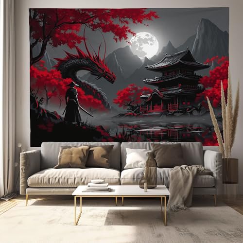 Temple du Dragon Noir décor mural style fantasy pour l'esthétique d'une chambre à coucher zen