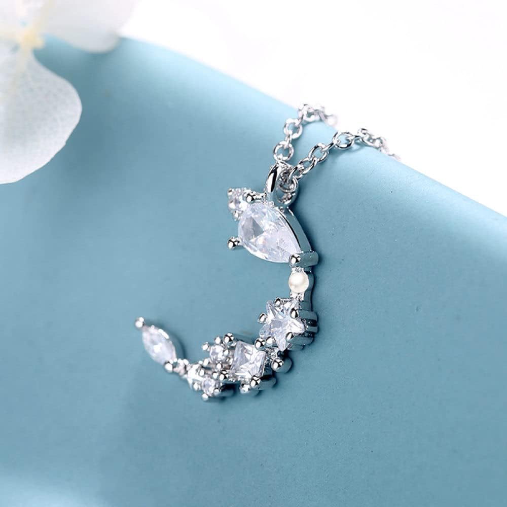 Silver Chains For Women,Cresent Necklace Women S925 Sterling Irregular Moon Zircon Pendant Dainty Trendy Choker Delicate Chain Jewelry Her Girls Couples