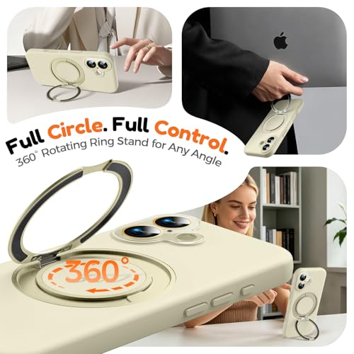 Image of Silicone 360 Spin Magnetic Stand Case for iPhone 17, [Compatible with Mag-Safe][Reinforced Hard Camera Protection]Shockproof Liquid Silicone Rubber Phone Case Cover with Ring, Camera Button, Ivory