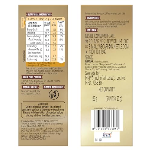 Image of Nescafe Gold Choco Mocha Instant Coffee Premix, 125gm (5 Sachets x 25gm) (Pack of 2)