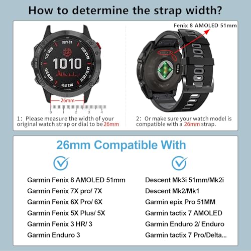 ZPJPPLX 26mm Easy Fit Watch bands For tactix 8 Fenix 8 51mm 7X Pro 6X 5X,Soft Silicone Sport Straps Compatible for Garmin Tactix7/Fenix 6X Pro/Fenix 5X Plus/Enduro3 2/Descent Mk2i/3i Epix Pro 51mm