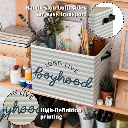 Image of Long Live Boyhood Boys Storage Bins Box with Handles, Light Blue Striped Collapsible Basket Organizer for Kids Boy Nursery Room Bedroom Bathroom Playroom Books Clothes