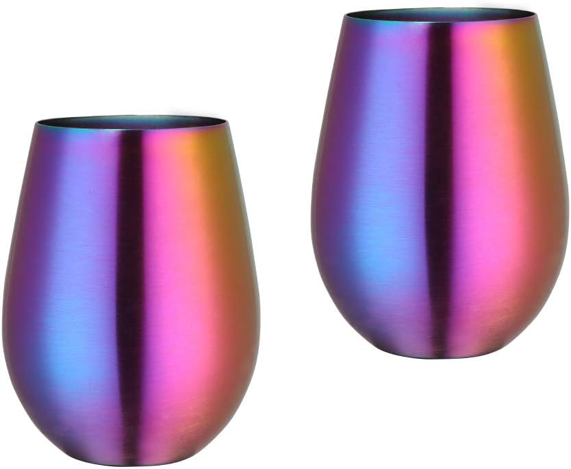 Father's Day Gift 17 oz Stainless Steel Stemless Wine Glass, Outdoor Portable Wine Tumbler for the Pool, Camping, Cookouts, Travel - Set of 2 Metal Drinking Cups(Rainbow)