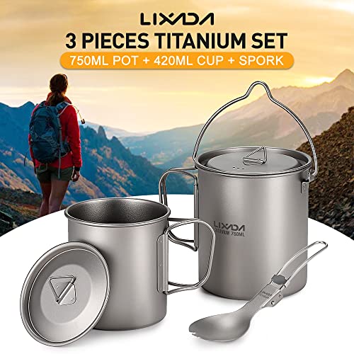 image for Lixada Camping Cookware Set,3PCS Lightweight Titanium Set 750ml Pot 42