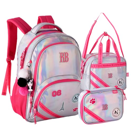 Kit Mochila Estojo Lancheira Holográfica Grande RB Rebecca Bonbon Costas Nova