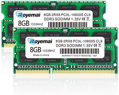16GB Kit (2x8GB) DDR3L/DDR3 10600S 1333MHz RAM, Royemai PC3L/PC3 10600 SODIMM 1.35V/1.5V CL9 2Rx8 Notebook Laptop Computer Memory Module