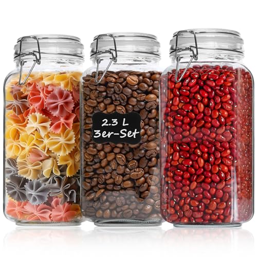 ComSaf 2 3L Luftdichtes Vorratsglas Eckig mit Drahtbügelverschluss 3er-Set Vorratsgläser mit Deckel Einmachgläser mit Bügelverschluss Bügelverschluss für Lebensmittel Konservierung Drahtbügelglas